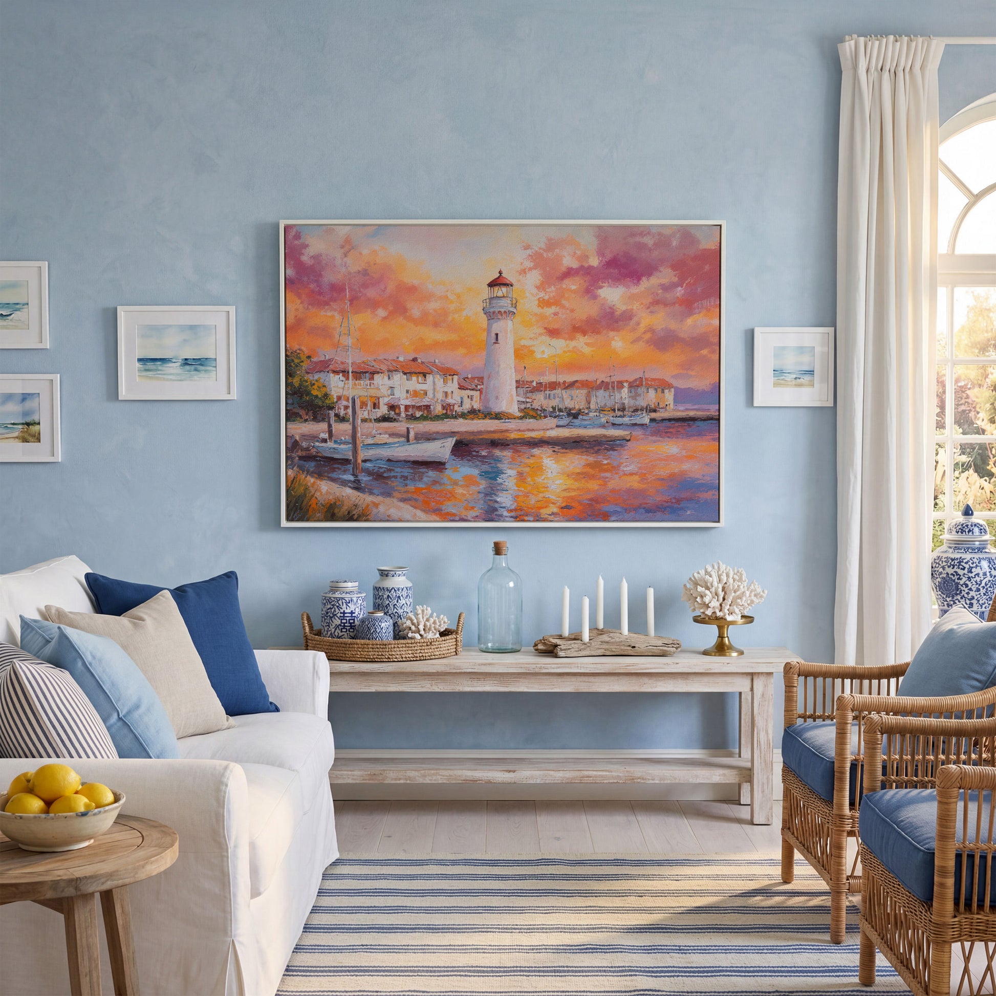 Lighthouse Harbor at Sunset Canvas Wall Art in white floating frame