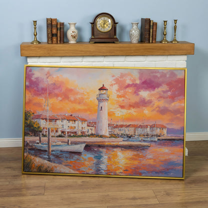 Lighthouse Harbor at Sunset Canvas Wall Art in yellow gold floating frame