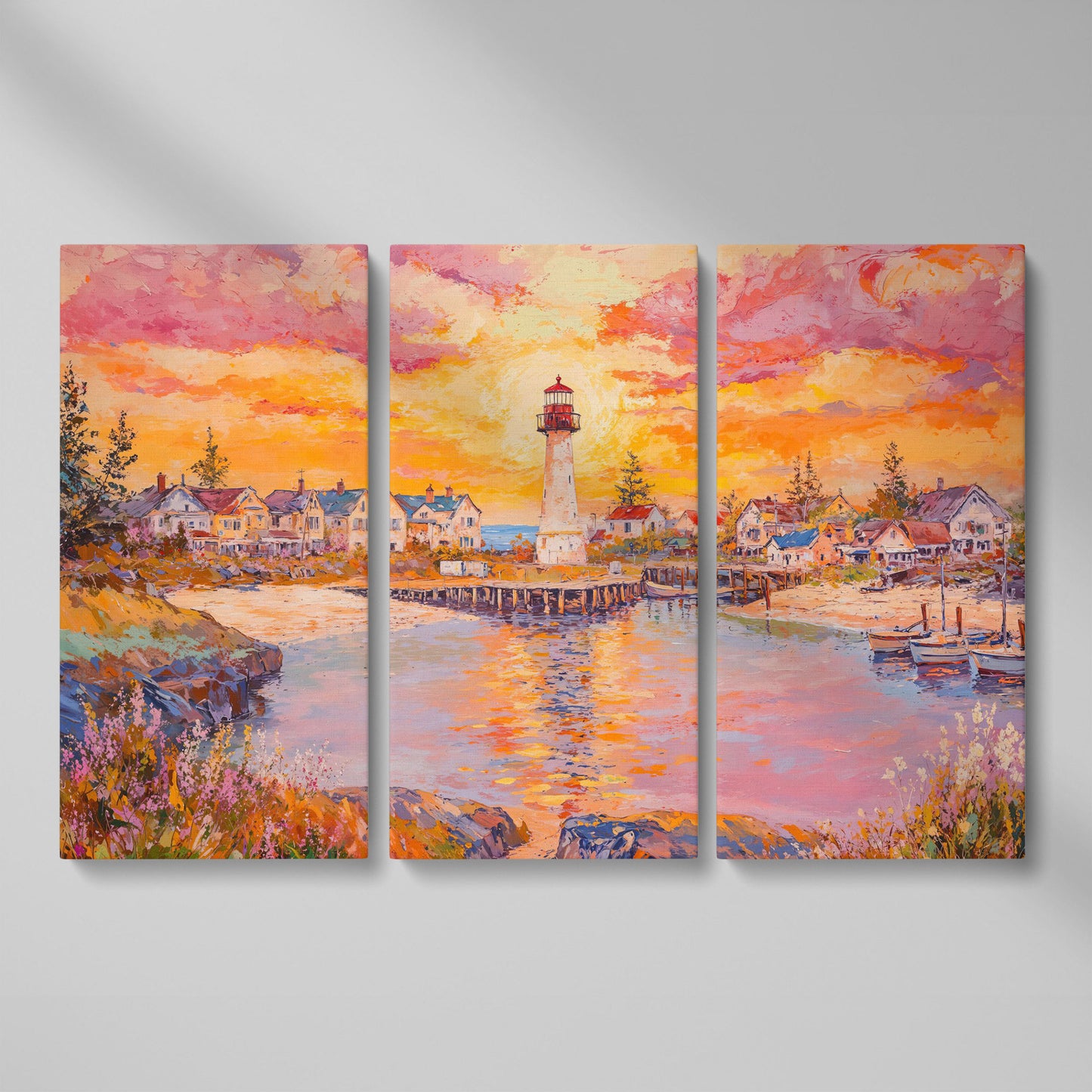Lighthouse Sunset Canvas Art with Seaside Village and Boats as 3-panel split version