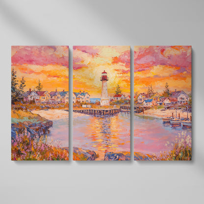 Lighthouse Sunset Canvas Art with Seaside Village and Boats as 3-panel split version