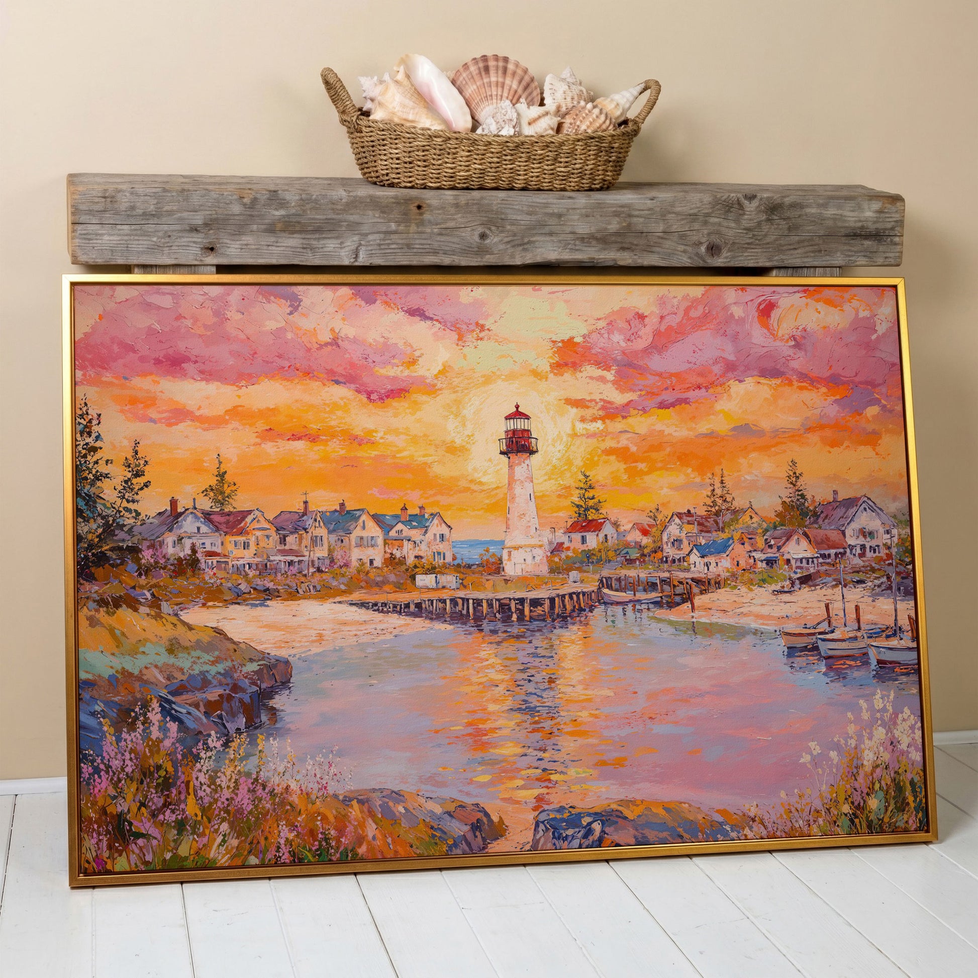 Lighthouse Sunset Canvas Art with Seaside Village and Boats in antique gold floating frame