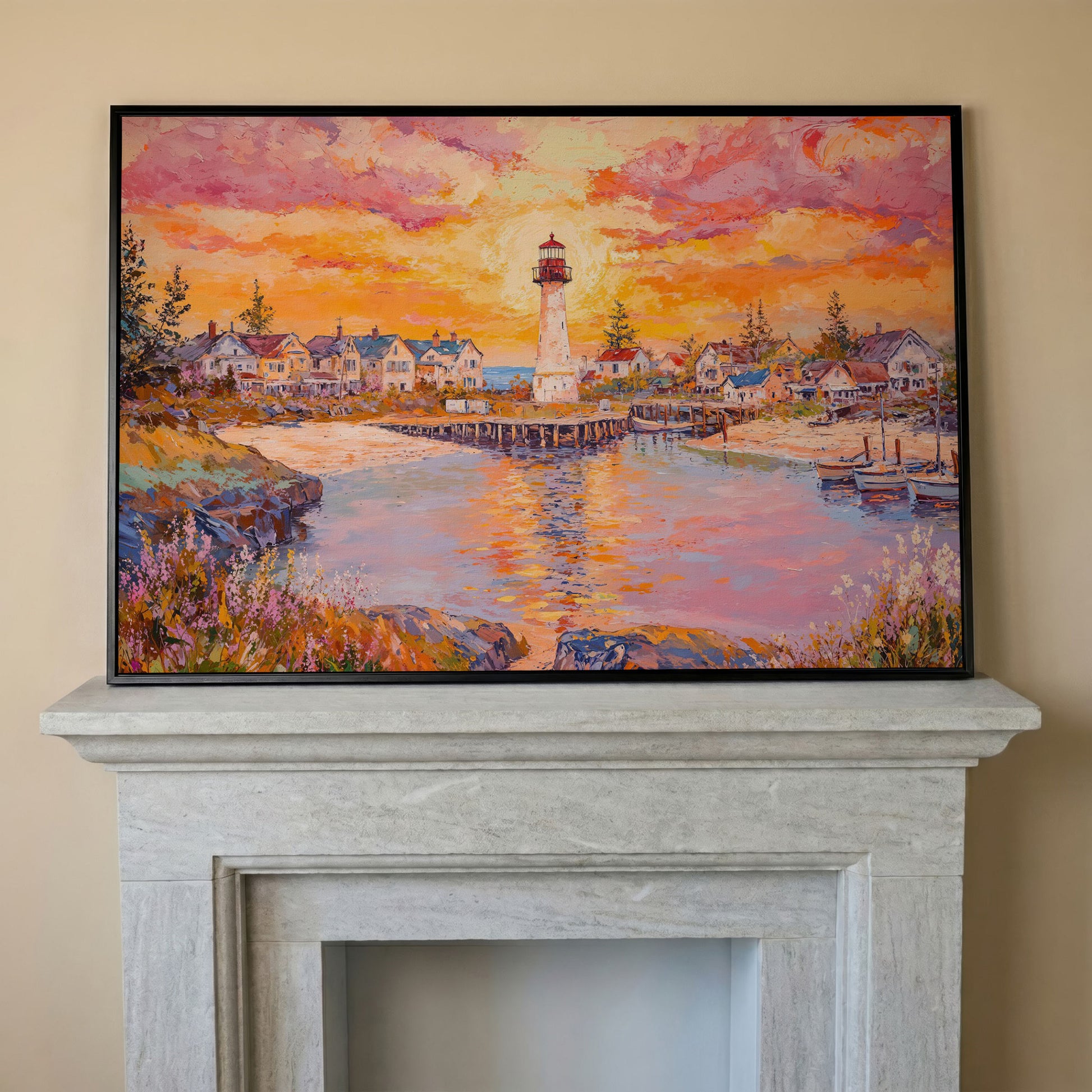 Lighthouse Sunset Canvas Art with Seaside Village and Boats in black floating frame