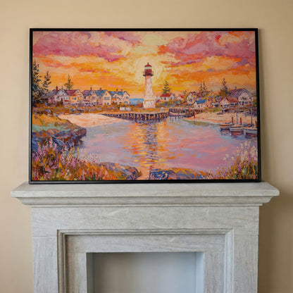 Lighthouse Sunset Canvas Art with Seaside Village and Boats in black floating frame