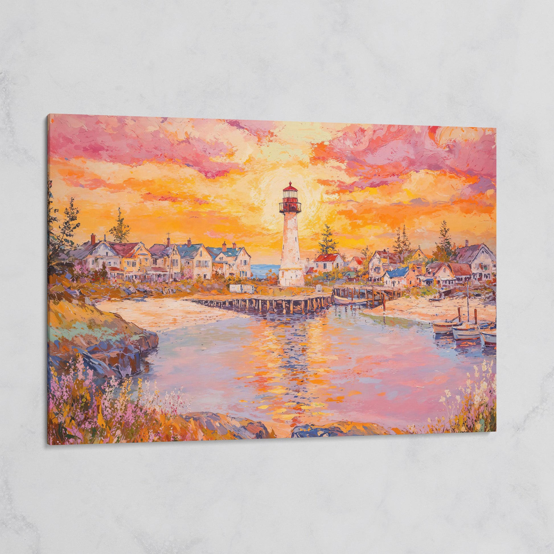 Lighthouse Sunset Canvas Art with Seaside Village and Boats on gallery wrap