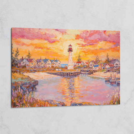 Lighthouse Sunset Canvas Art with Seaside Village and Boats on gallery wrap