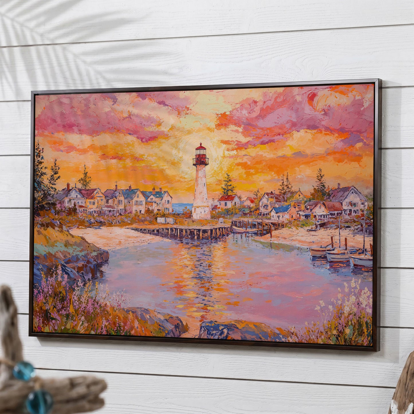 Lighthouse Sunset Canvas Art with Seaside Village and Boats in dark walnut floating frame