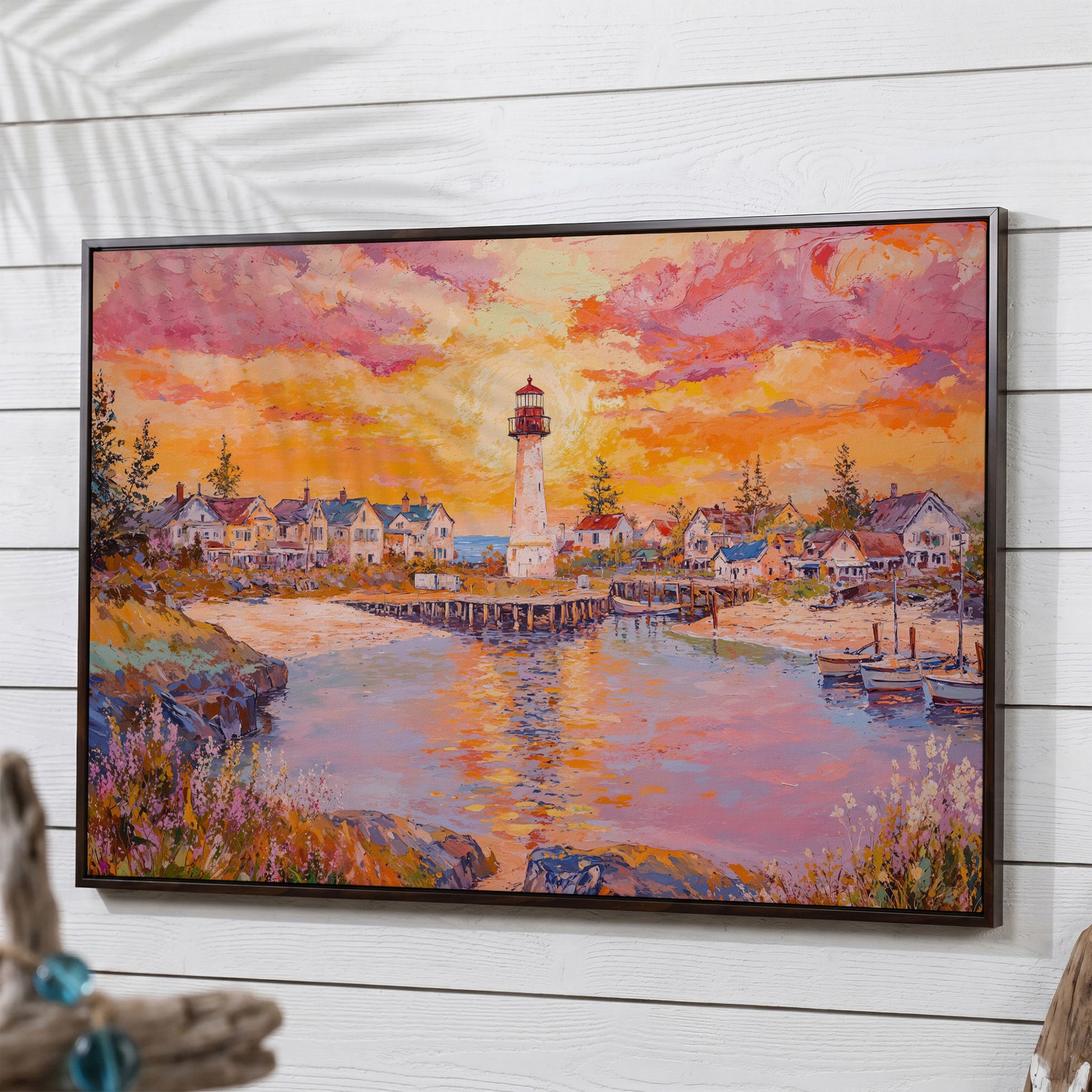 Lighthouse Sunset Canvas Art with Seaside Village and Boats in dark walnut floating frame