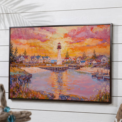 Lighthouse Sunset Canvas Art with Seaside Village and Boats in dark walnut floating frame