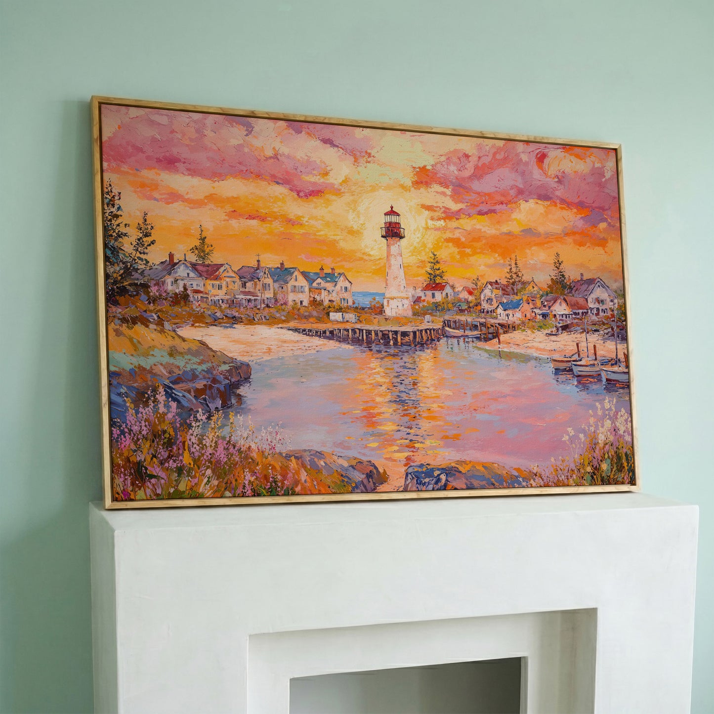 Lighthouse Sunset Canvas Art with Seaside Village and Boats in white oak floating frame