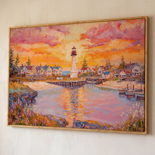 Lighthouse Sunset Canvas Art with Seaside Village and Boats shown in white oak floating frame
