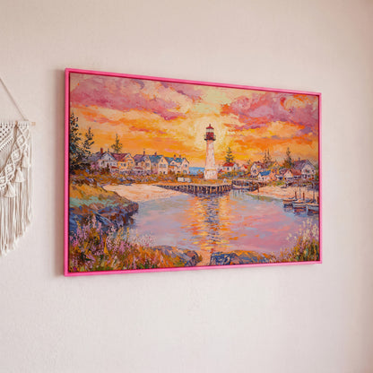 Lighthouse Sunset Canvas Art with Seaside Village and Boats in pink floating frame