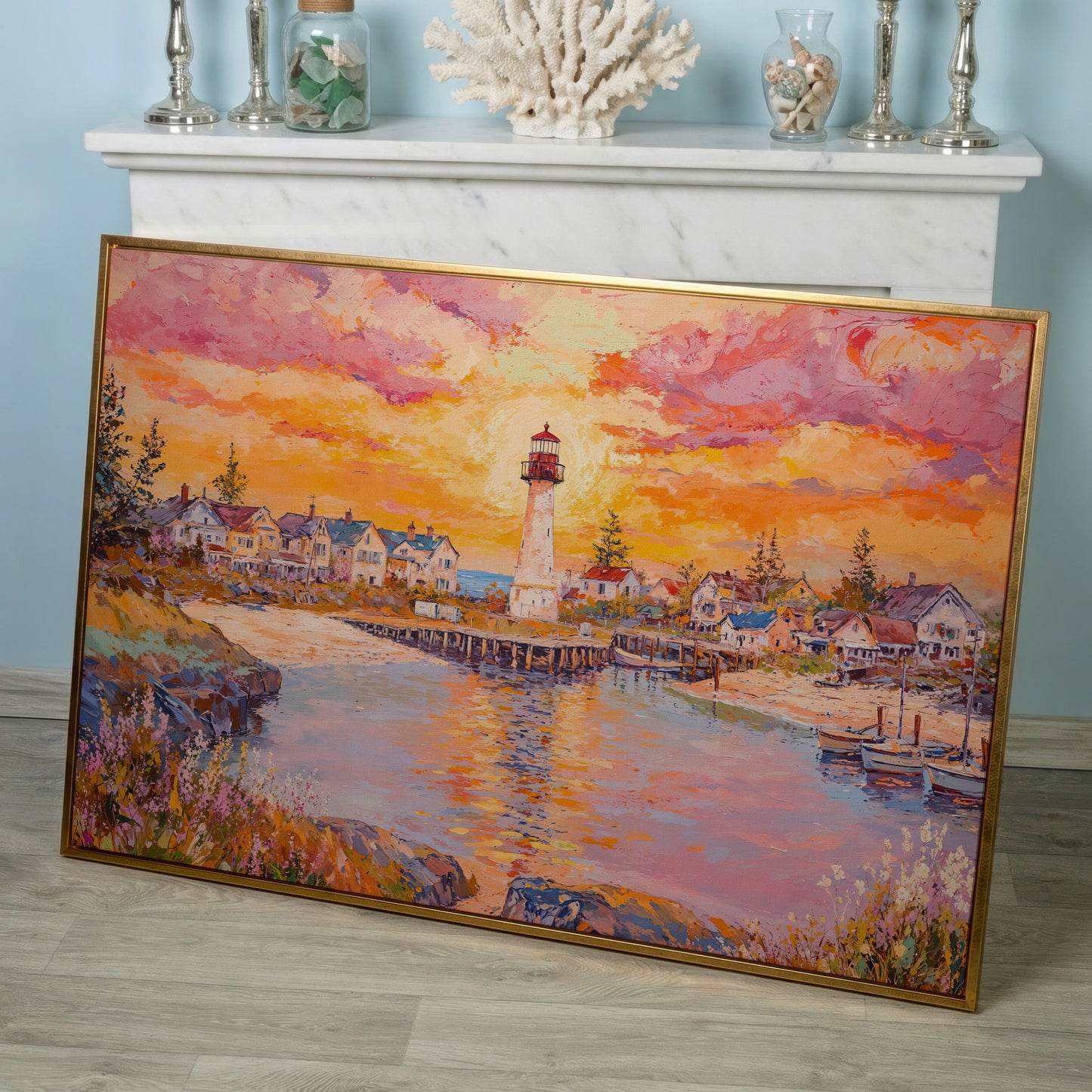 Lighthouse Sunset Canvas Art with Seaside Village and Boats in rose gold floating frame