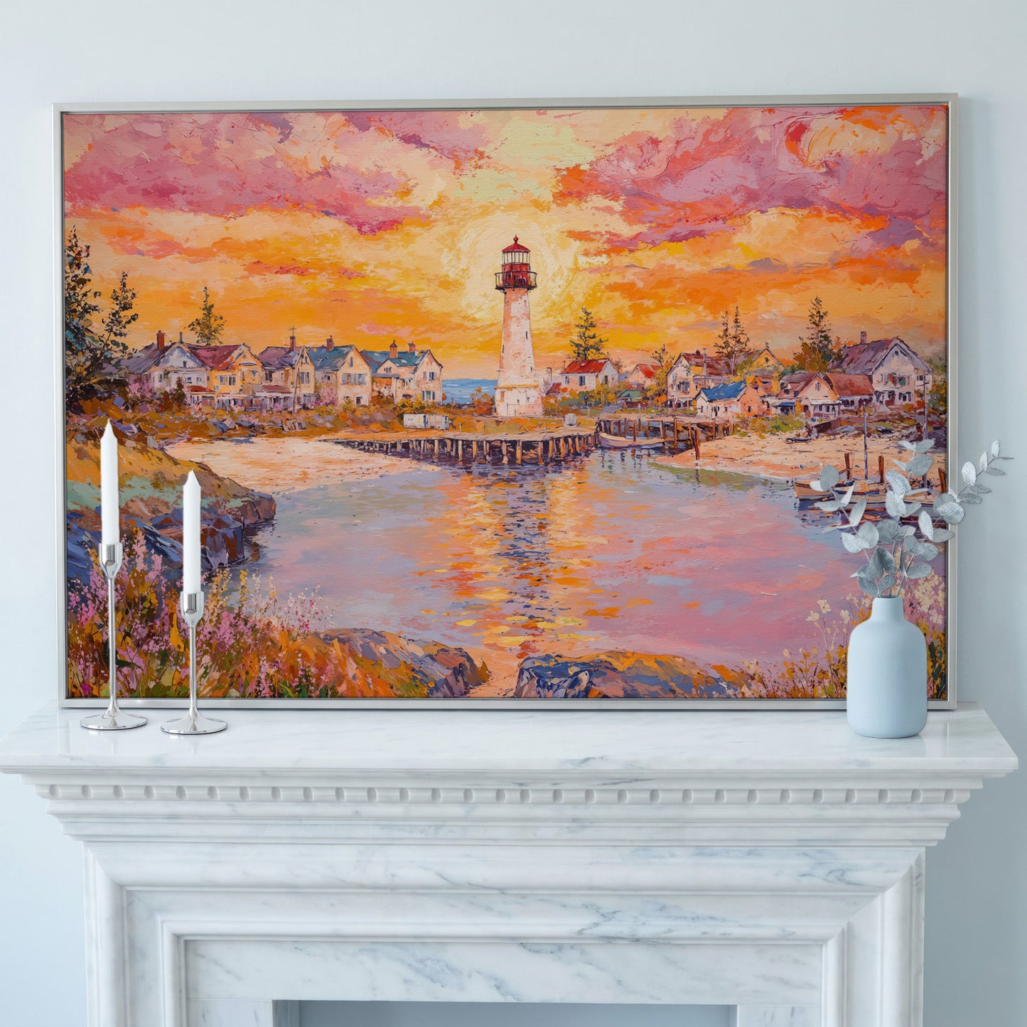 Lighthouse Sunset Canvas Art with Seaside Village and Boats in silver floating frame