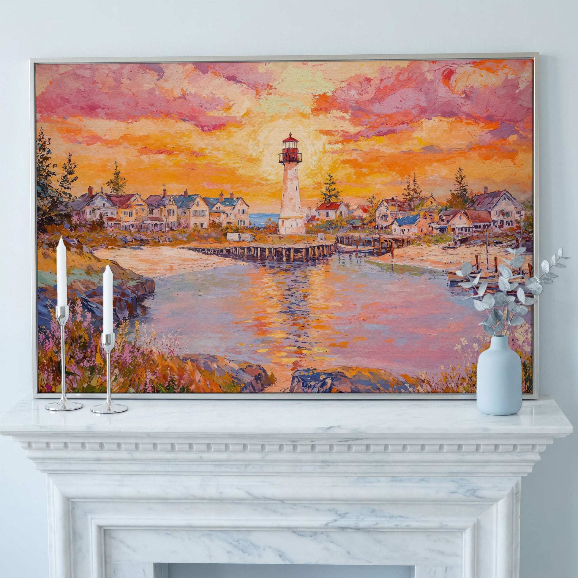 Lighthouse Sunset Canvas Art with Seaside Village and Boats in silver floating frame