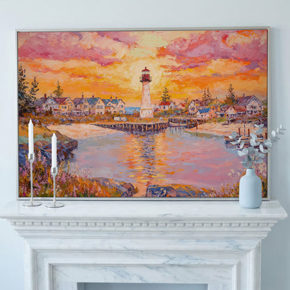 Lighthouse Sunset Canvas Art with Seaside Village and Boats in silver floating frame