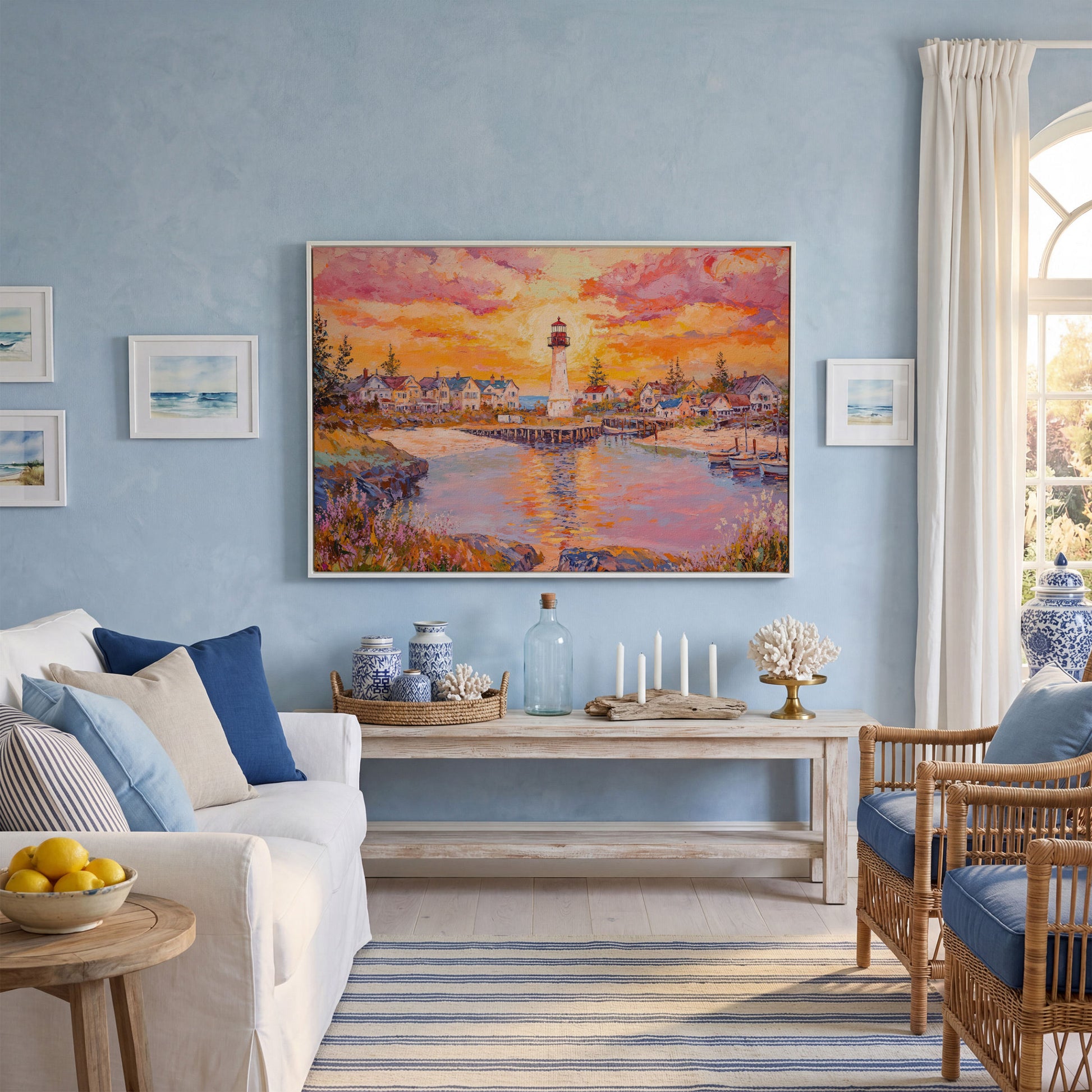 Lighthouse Sunset Canvas Art with Seaside Village and Boats in white floating frame