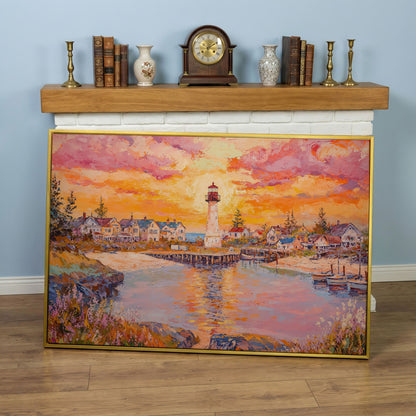 Lighthouse Sunset Canvas Art with Seaside Village and Boats in yellow gold floating frame
