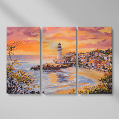 Lighthouse at Sunset Canvas, Coastal Village and Ocean View as 3-panel split version