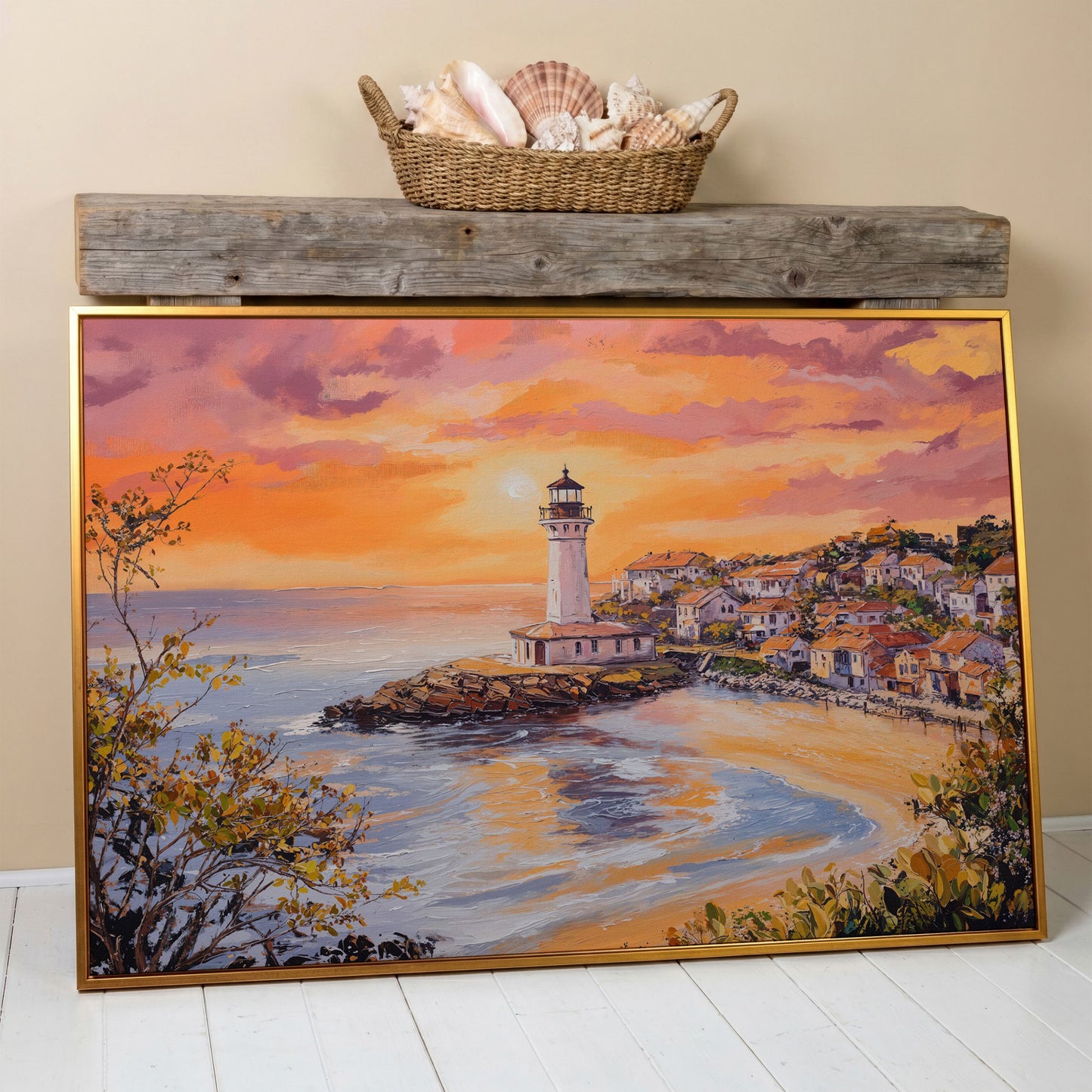 Lighthouse at Sunset Canvas, Coastal Village and Ocean View in antique gold floating frame