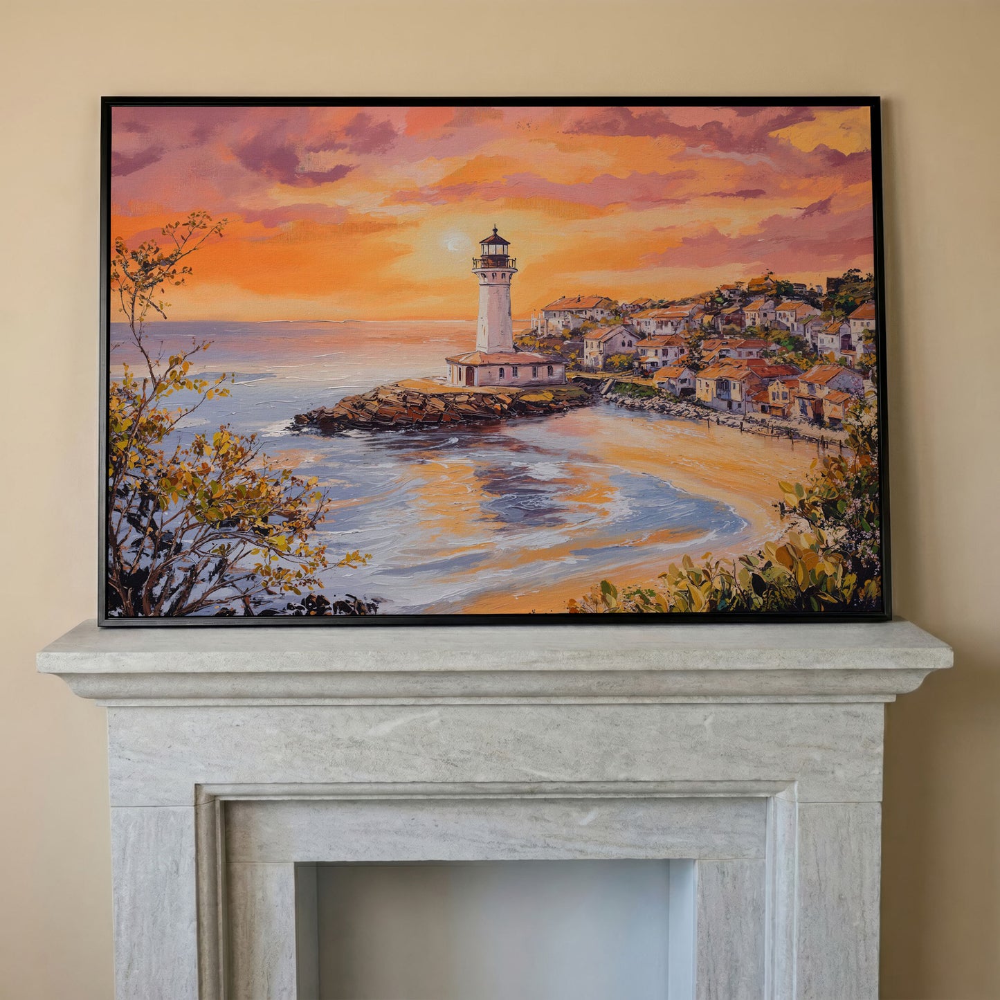 Lighthouse at Sunset Canvas, Coastal Village and Ocean View in black floating frame