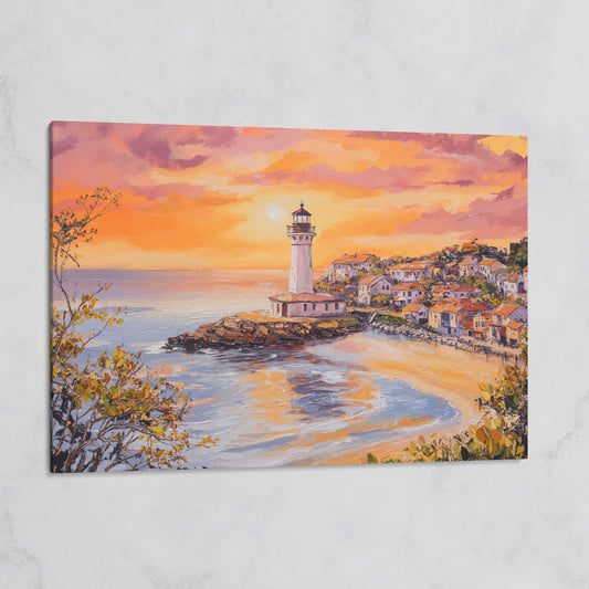 Lighthouse at Sunset Canvas, Coastal Village and Ocean View on gallery wrap