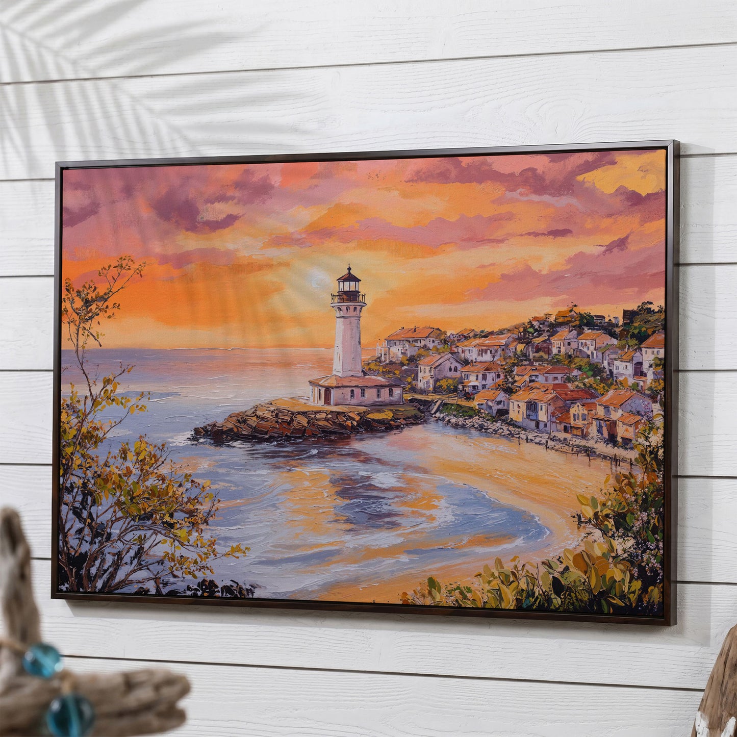 Lighthouse at Sunset Canvas, Coastal Village and Ocean View in dark walnut floating frame