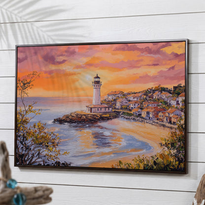 Lighthouse at Sunset Canvas, Coastal Village and Ocean View in dark walnut floating frame