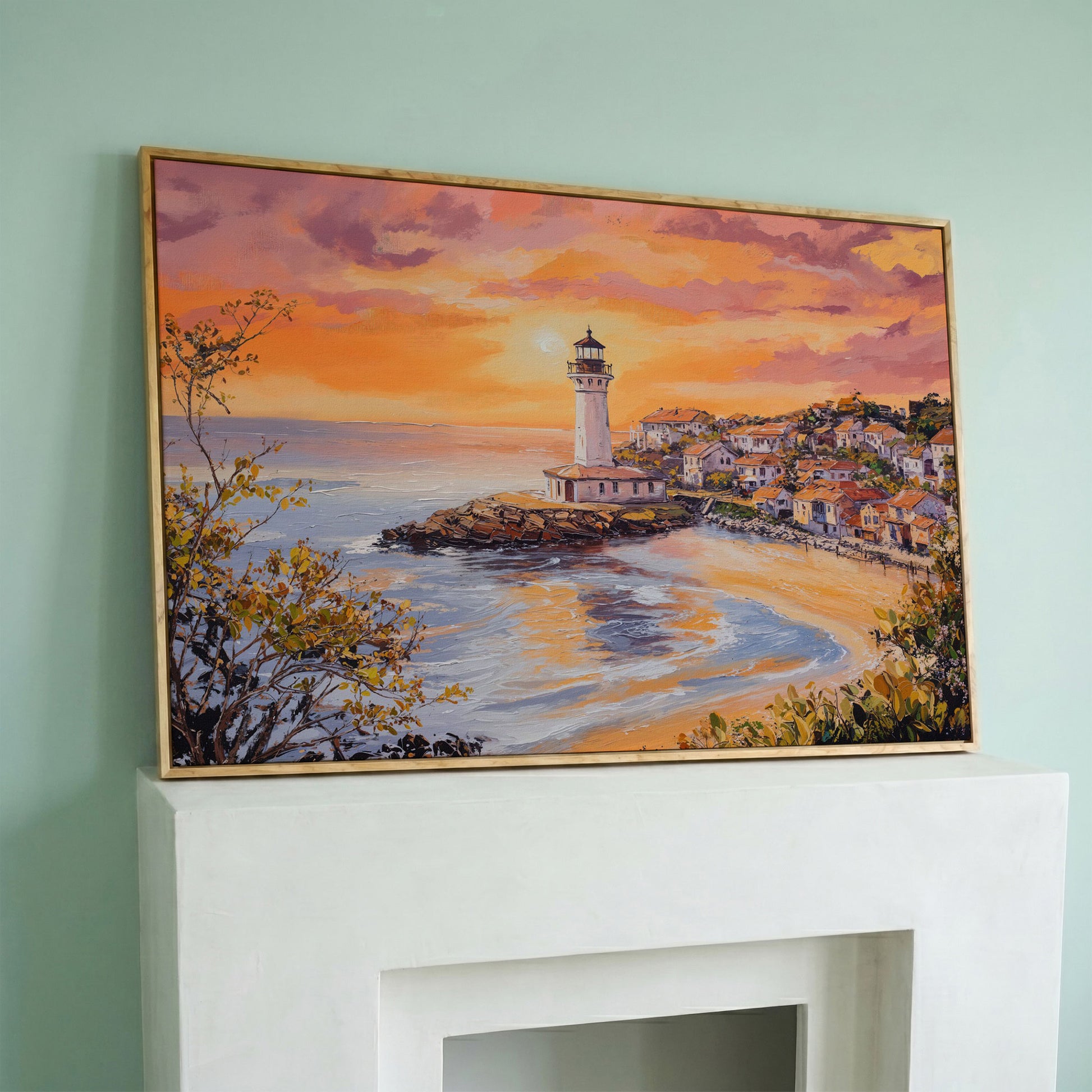 Lighthouse at Sunset Canvas, Coastal Village and Ocean View in white oak floating frame