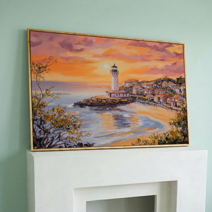 Lighthouse at Sunset Canvas, Coastal Village and Ocean View in white oak floating frame