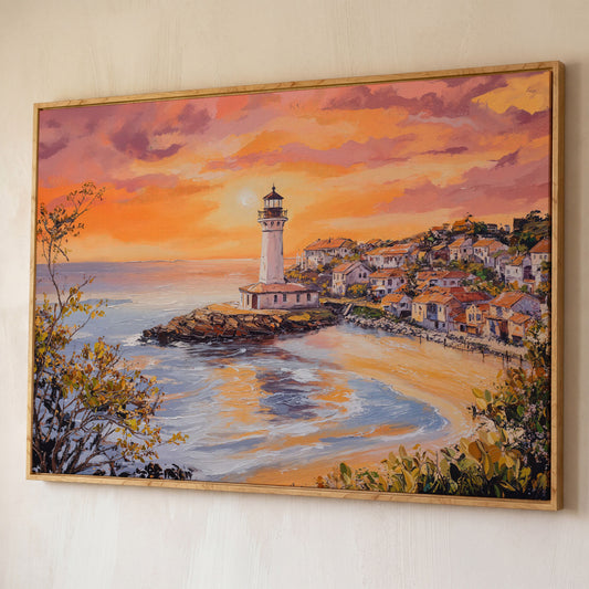 Lighthouse at Sunset Canvas, Coastal Village and Ocean View shown in white oak floating frame