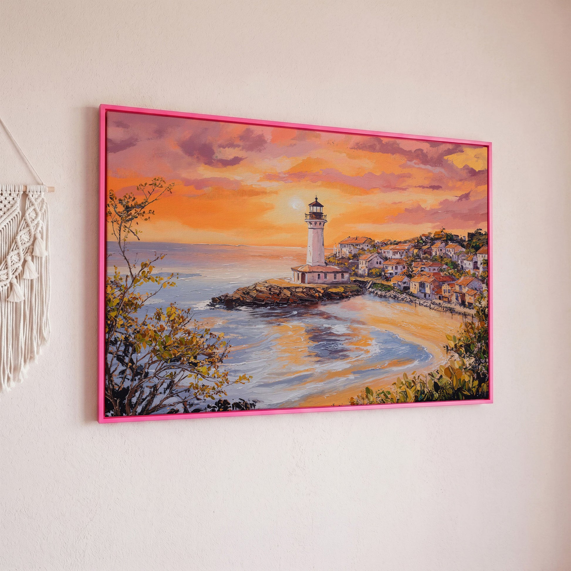 Lighthouse at Sunset Canvas, Coastal Village and Ocean View in pink floating frame
