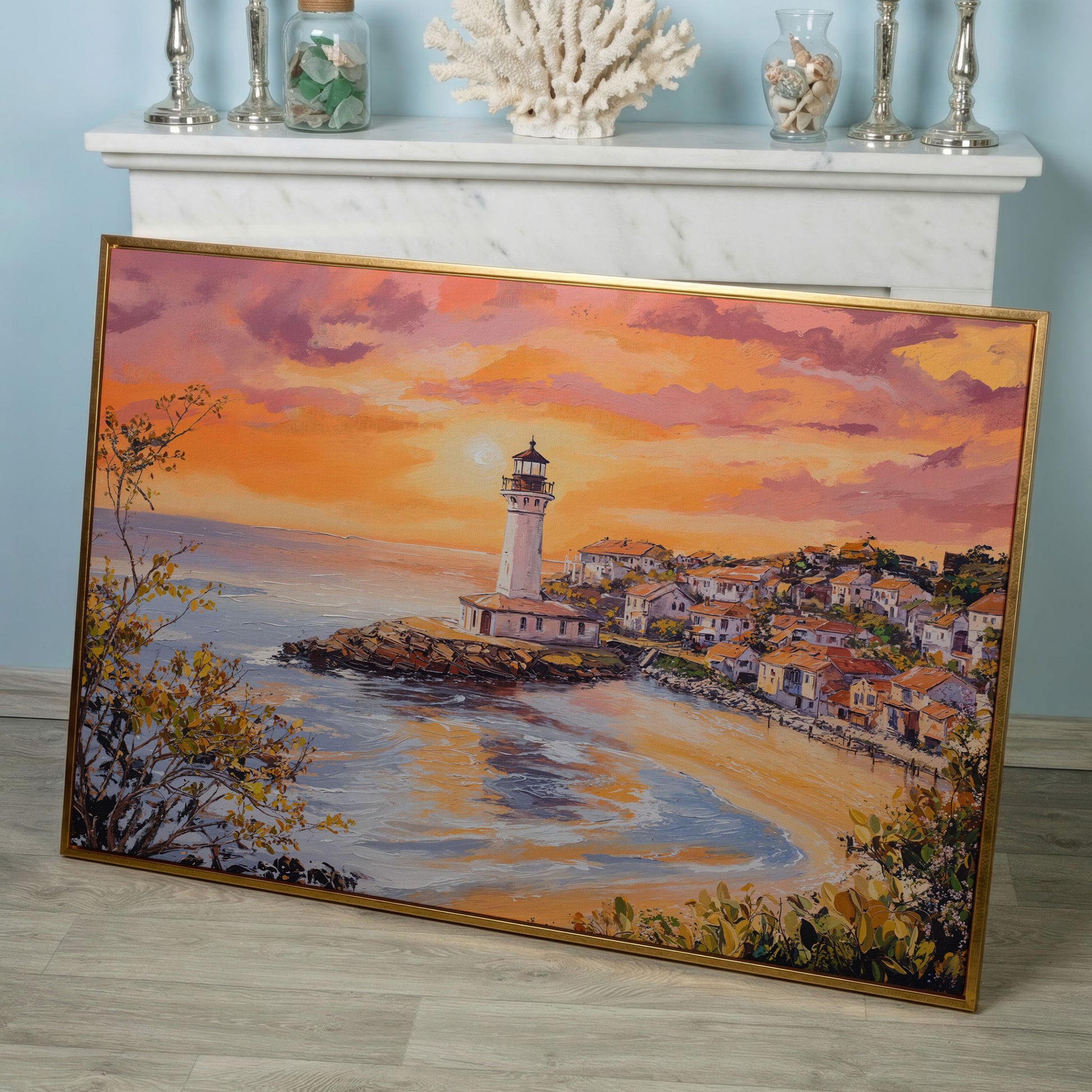 Lighthouse at Sunset Canvas, Coastal Village and Ocean View in rose gold floating frame