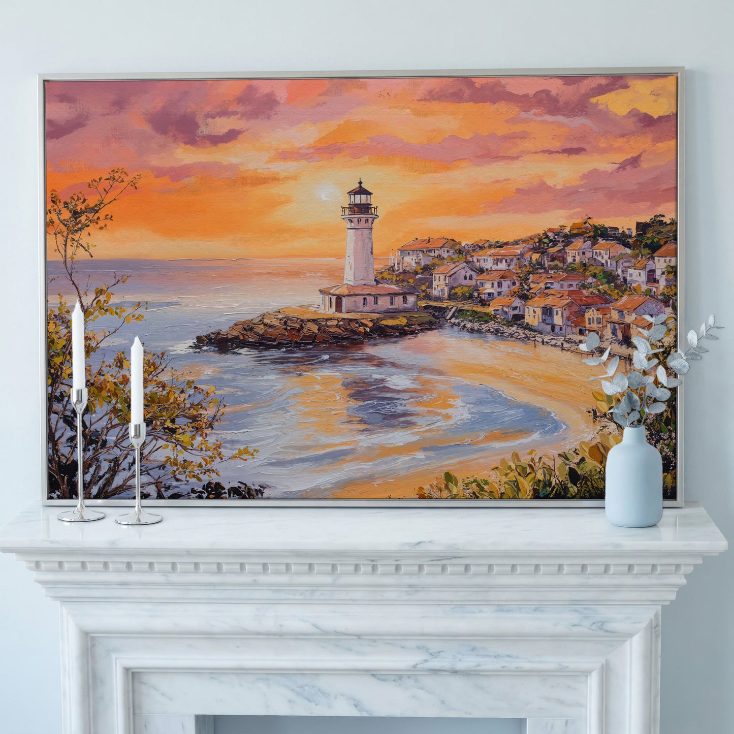 Lighthouse at Sunset Canvas, Coastal Village and Ocean View in silver floating frame