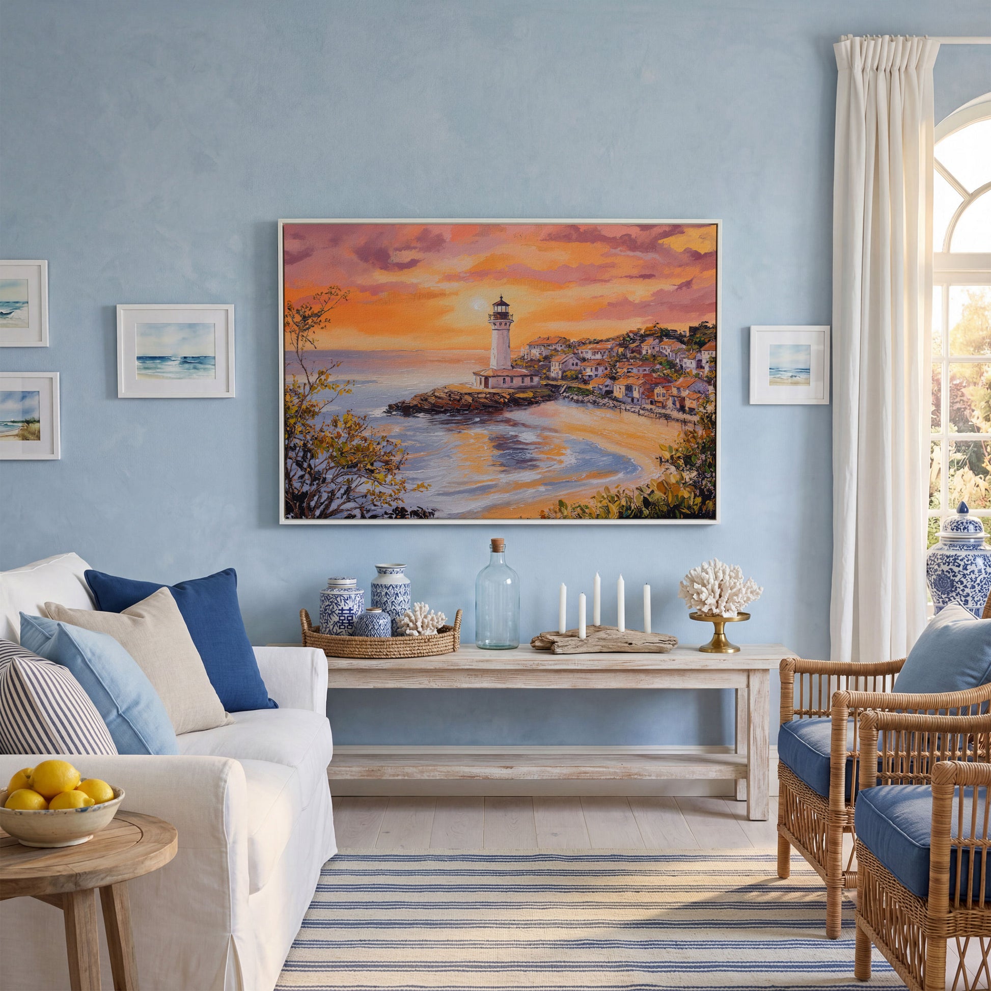Lighthouse at Sunset Canvas, Coastal Village and Ocean View in white floating frame