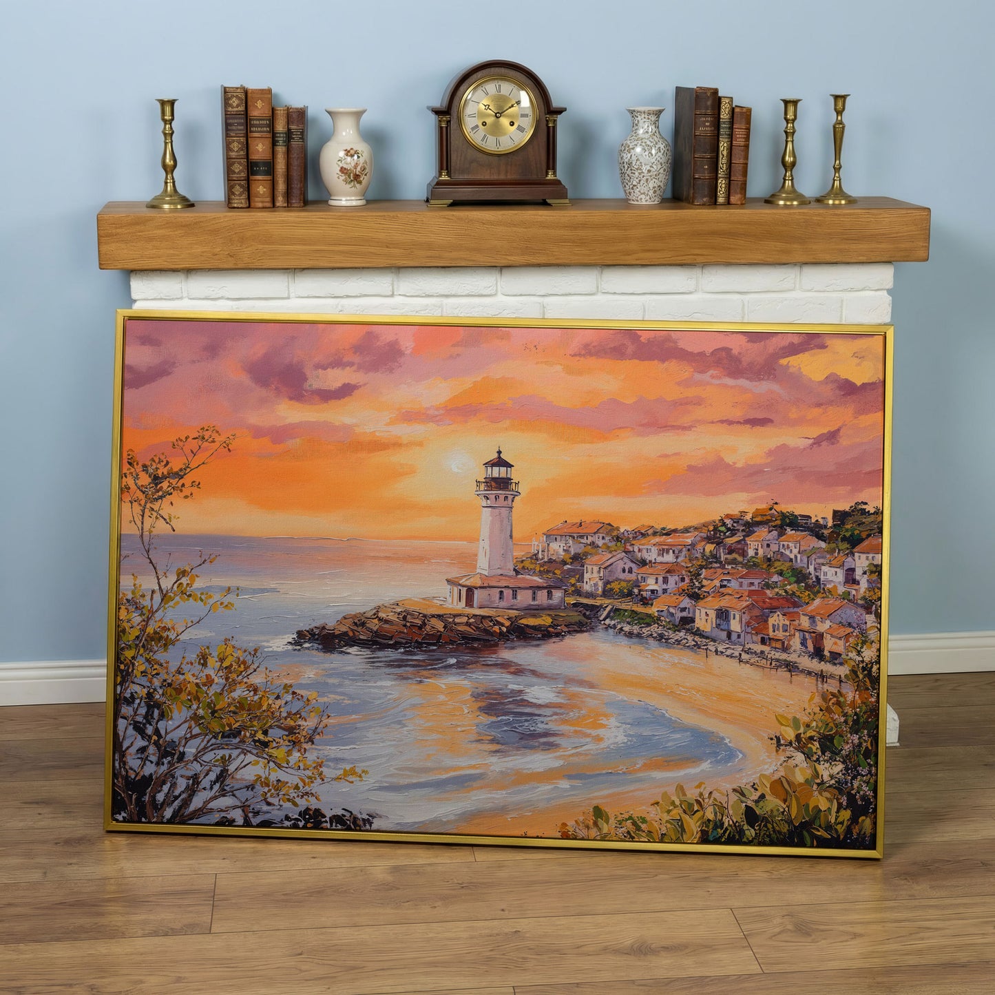 Lighthouse at Sunset Canvas, Coastal Village and Ocean View in yellow gold floating frame