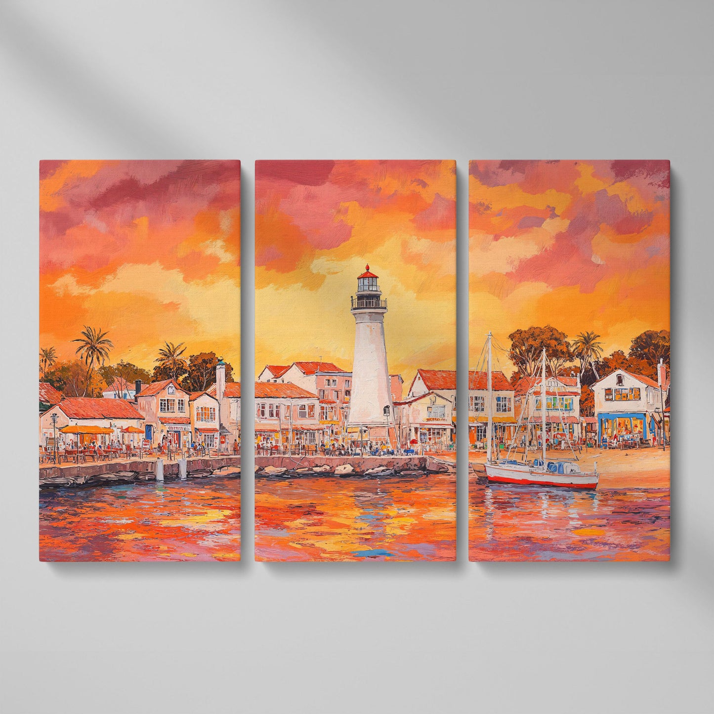 Sunset Harbor Canvas Art with Lighthouse and Boats as 3-panel split version
