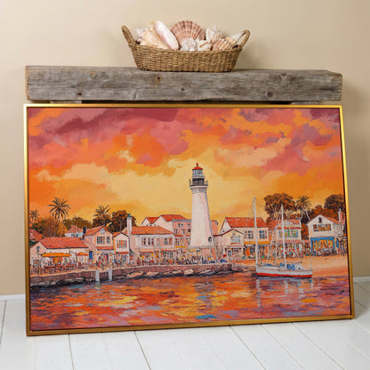 Sunset Harbor Canvas Art with Lighthouse and Boats in antique gold floating frame