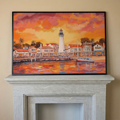 Sunset Harbor Canvas Art with Lighthouse and Boats in black floating frame