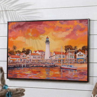 Sunset Harbor Canvas Art with Lighthouse and Boats in dark walnut floating frame