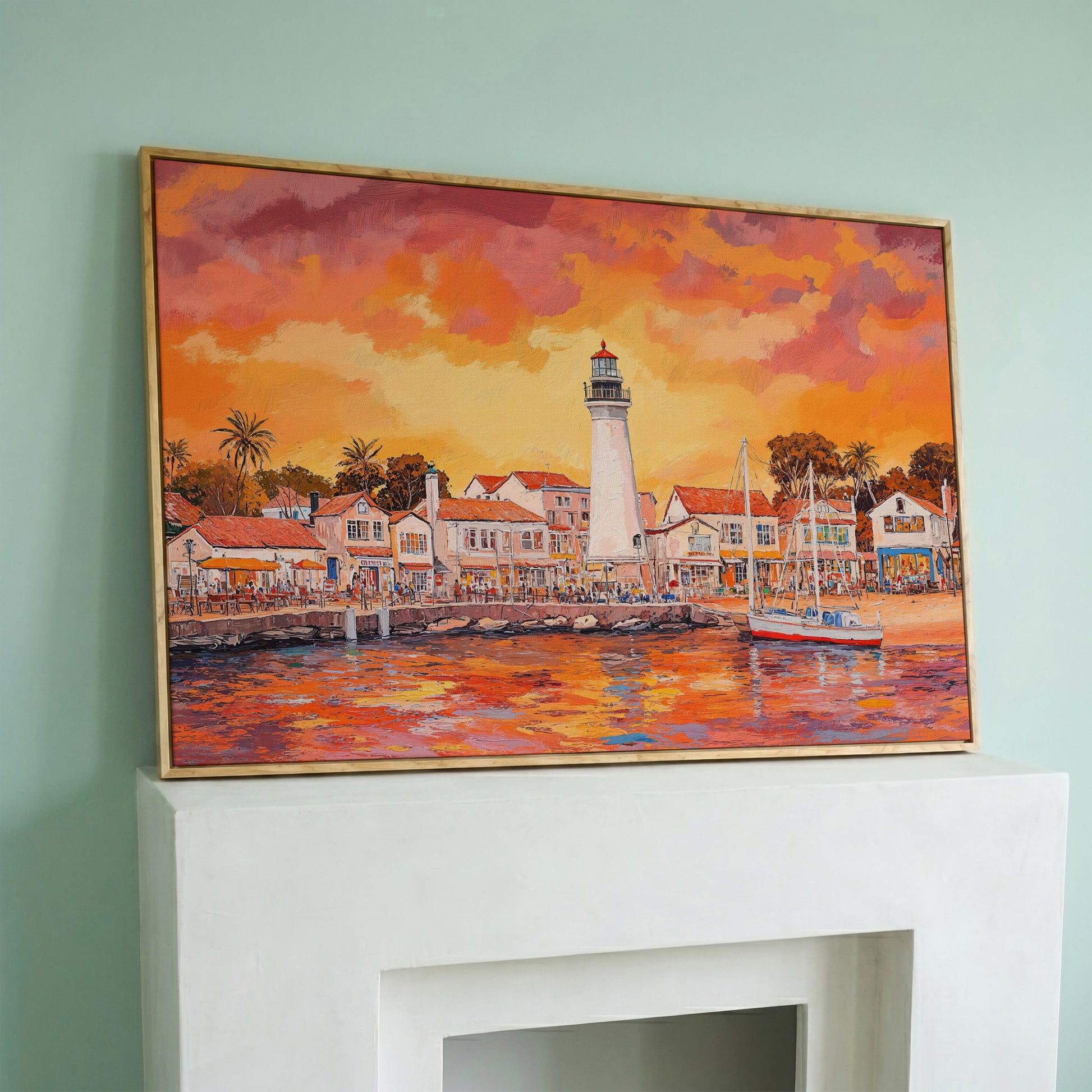 Sunset Harbor Canvas Art with Lighthouse and Boats in white oak floating frame