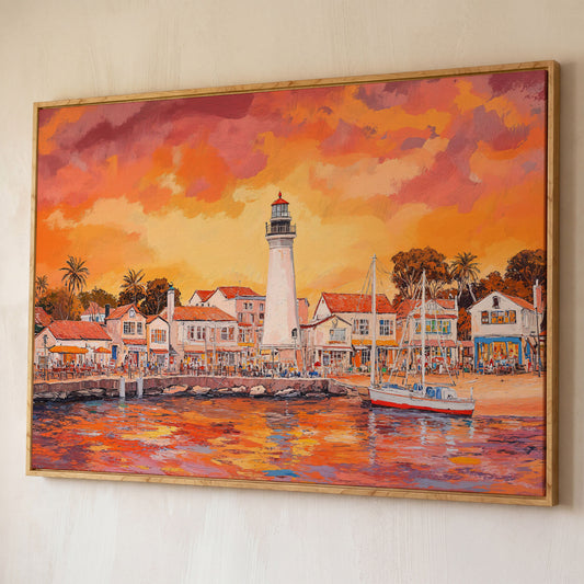 Sunset Harbor Canvas Art with Lighthouse and Boats shown in white oak floating frame