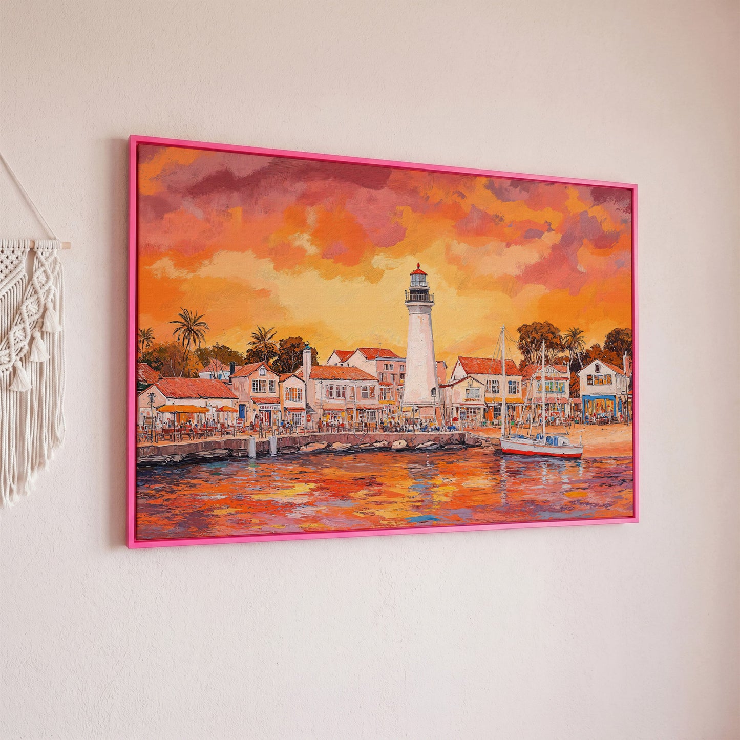 Sunset Harbor Canvas Art with Lighthouse and Boats in pink floating frame