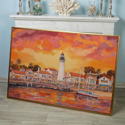 Sunset Harbor Canvas Art with Lighthouse and Boats in rose gold floating frame