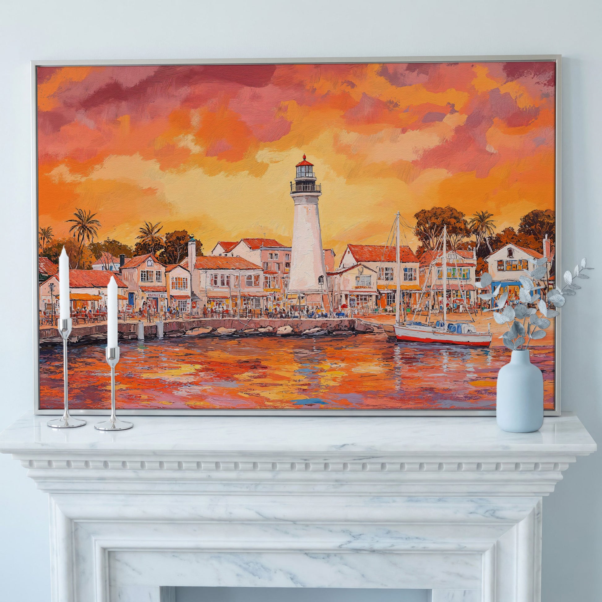 Sunset Harbor Canvas Art with Lighthouse and Boats in silver floating frame