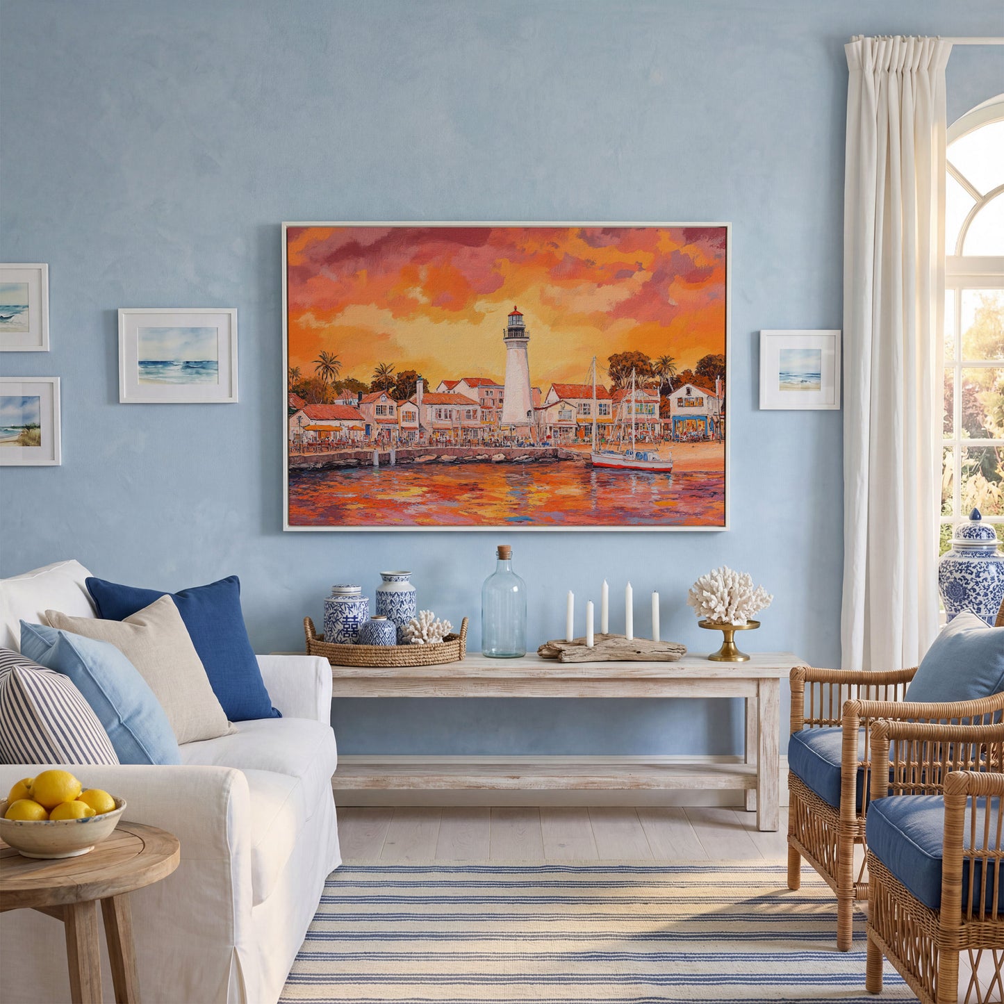 Sunset Harbor Canvas Art with Lighthouse and Boats in white floating frame