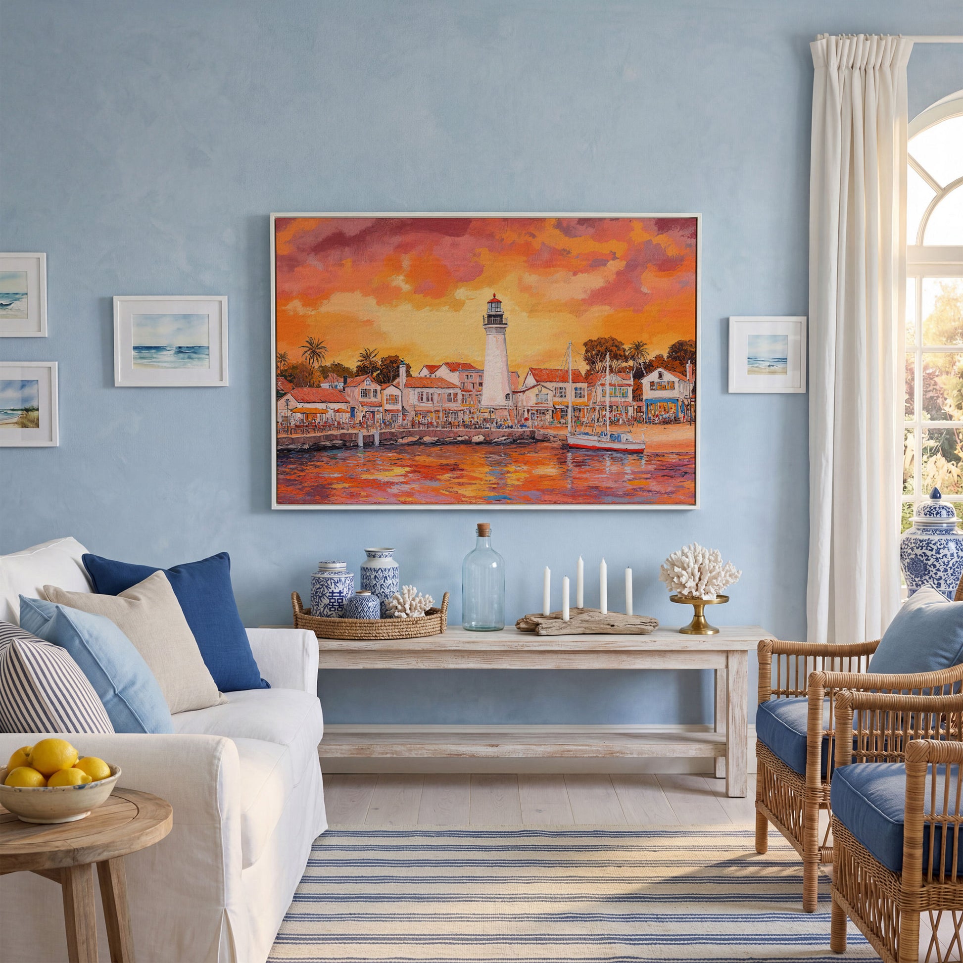 Sunset Harbor Canvas Art with Lighthouse and Boats in white floating frame