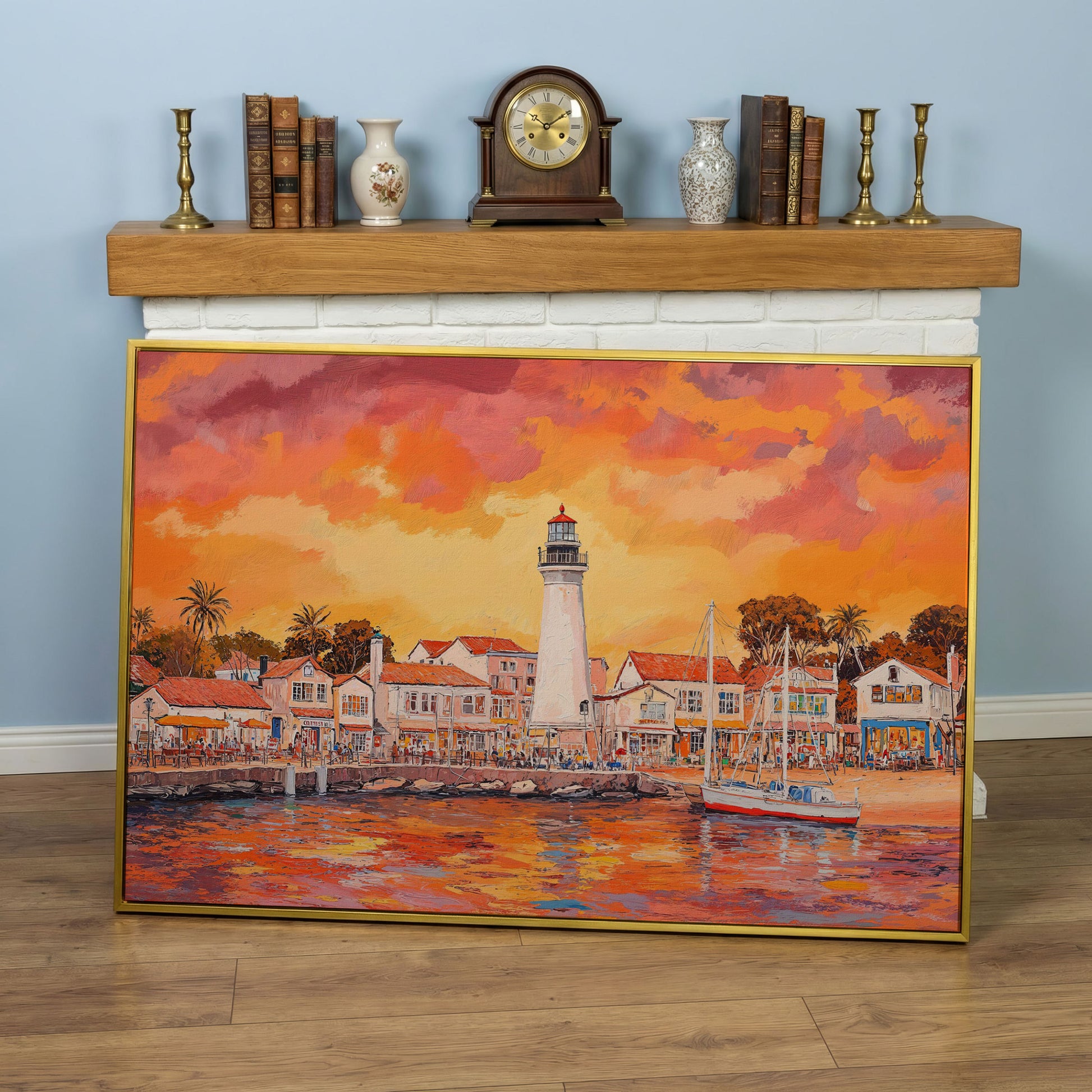 Sunset Harbor Canvas Art with Lighthouse and Boats in yellow gold floating frame