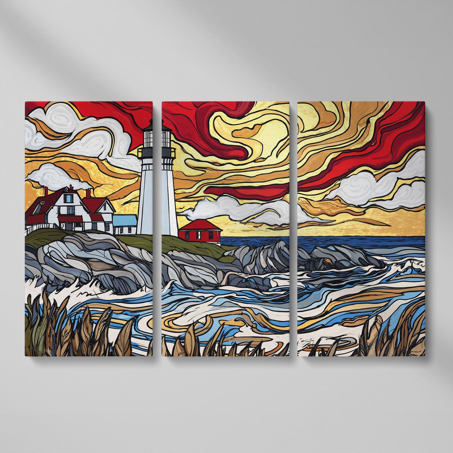 Rocky Shore Lighthouse at Sunset, Canvas Wall Art as 3-panel split version