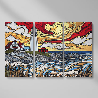Rocky Shore Lighthouse at Sunset, Canvas Wall Art as 3-panel split version
