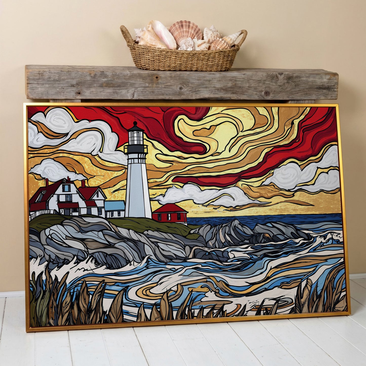 Rocky Shore Lighthouse at Sunset, Canvas Wall Art in antique gold floating frame